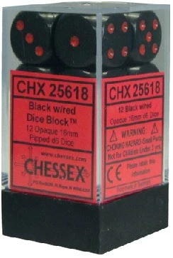 Chessex Dice - Opaque Black With Red - Set Of 12 D6 - CHX 25618