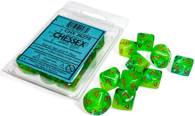 Chessex Dice - Luminary Gemini Plasma Green-Teal With Orange - Set Of 10 D10 - CHX 26270 1 Chessex Dice - Luminary Gemini Plasma Green-Teal With Orange - Set Of 10 D10 - CHX 26270